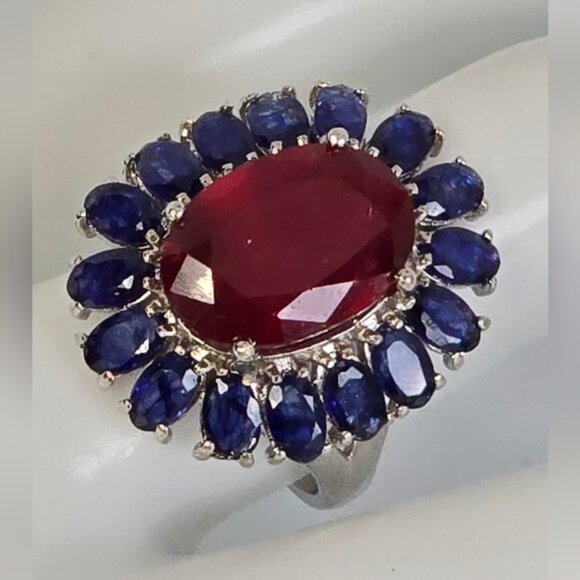 925 Sterling Silver Ring wirh Natural Ruby 10X14mm & Blue Sapphire Gems - Picture 3 of 11